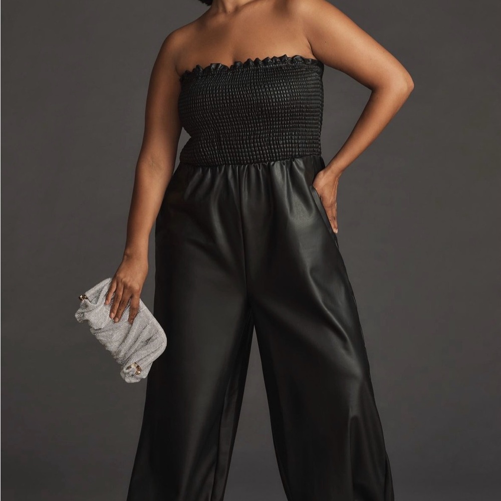 Anthropologie Faux Leather Black Strapless Balloon Jumpsuit - Picture 5 of 7